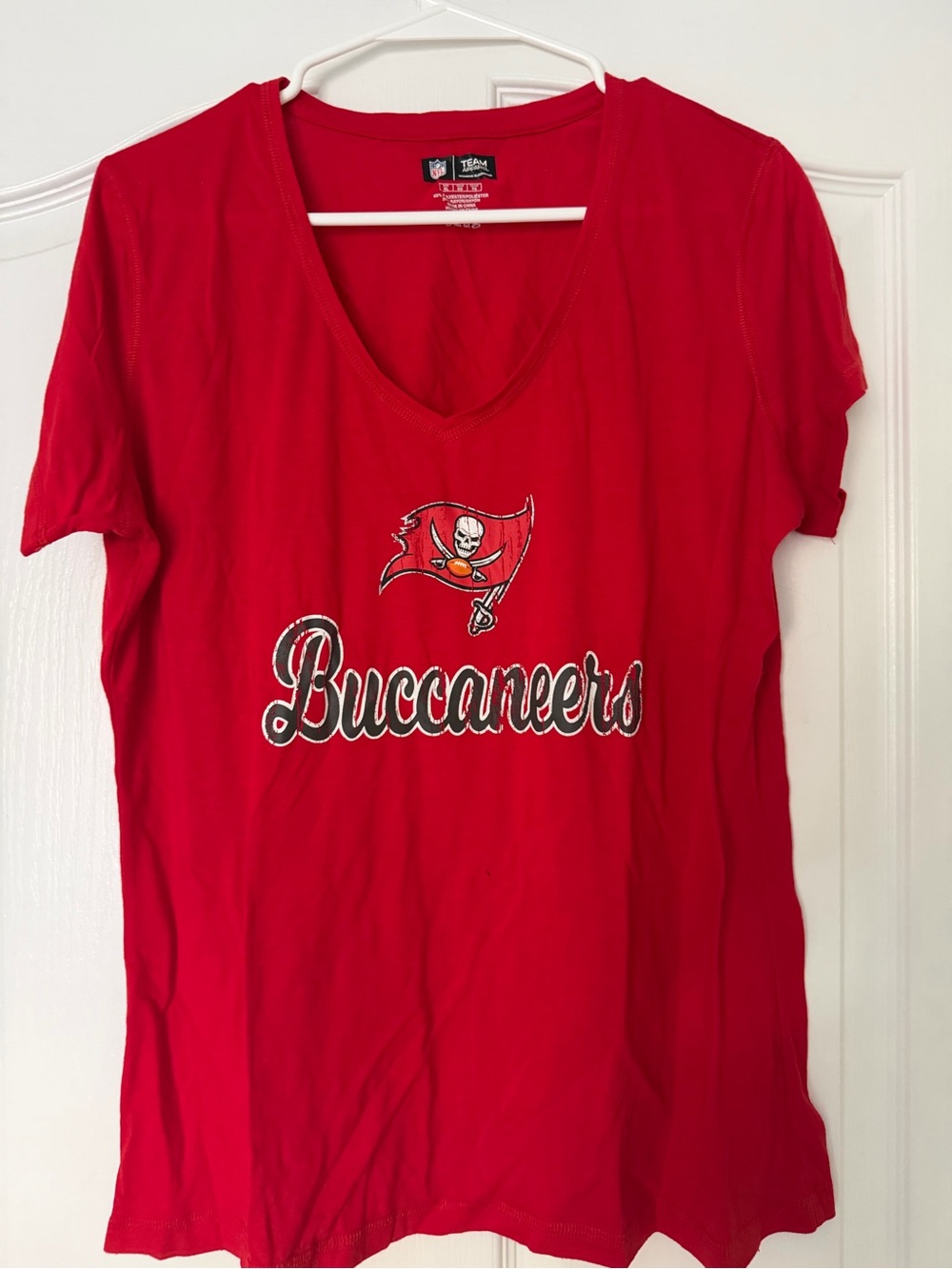 NFL Team Apparel Red Buccaneers Script V-Neck Tee